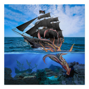 Póster Navio Pirata vs Lula Gigante