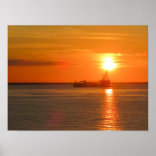 Poster Navio Silhueta Pôr do Sol Dourado Cozumel 