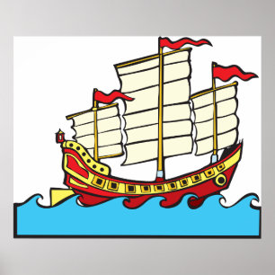 Poster Navio Tradicional Vermelho da China de Estilo Junc