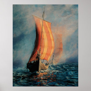Poster Navio Viajante que navega no mar/oceano em nevoeir