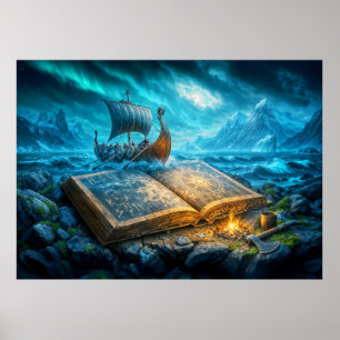 Poster Navio viking navega de livro antigo