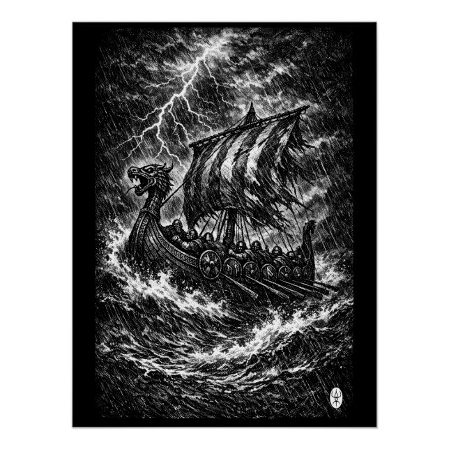 Póster Navio Viking no Temporal — Ink Saga Art (Frente)