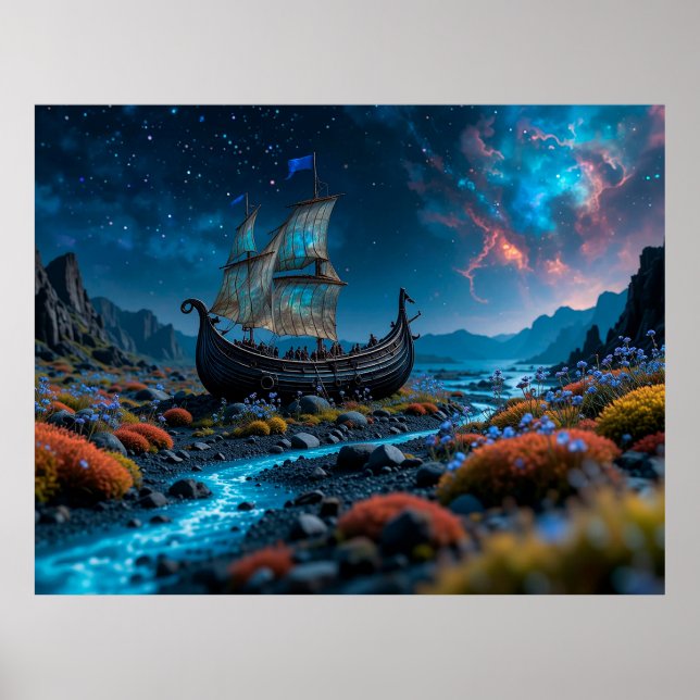 Poster Navio Viking sob um céu estrelado (Frente)
