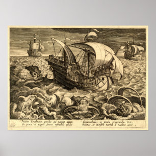 Poster Navios da antiguidade 1590 e monstro de mar