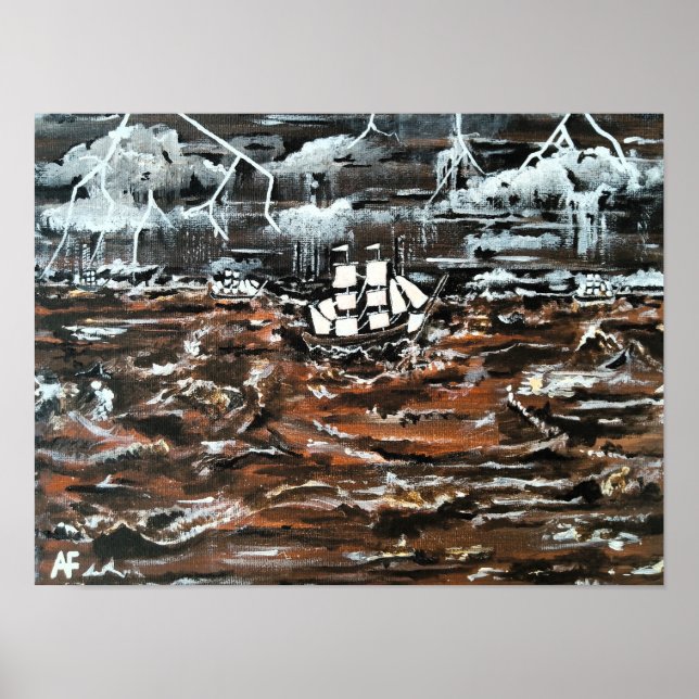 Poster Navios em uma Tempestade Pintura de Alfred Fox (Frente)