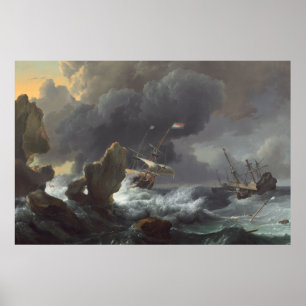 Póster Navios na aflição fora de uma costa rochosa