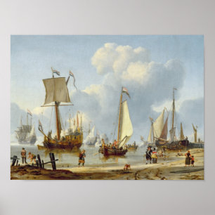 Póster Navios na água calma com figuras pela costa
