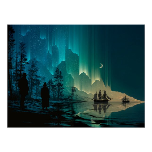 Póster Navios sob a lua crescente e luzes Nortes (Frente)