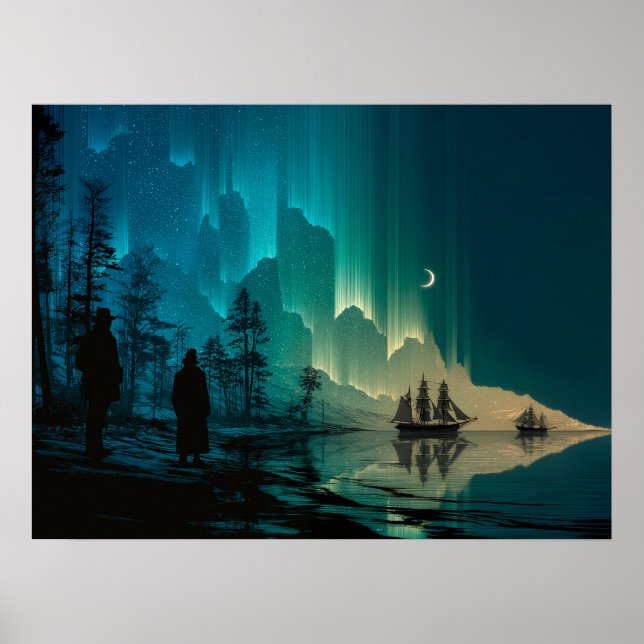 Poster Navios sob a lua crescente e luzes Nortes (Frente)