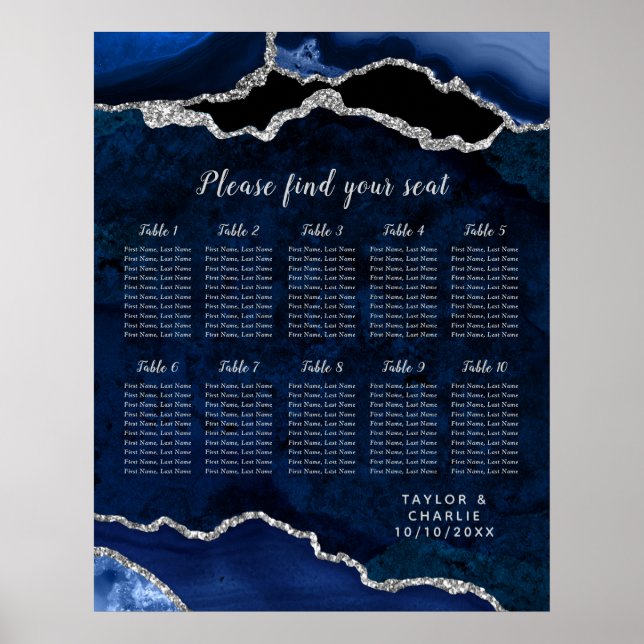 Poster Navy Blue and Silver Agate Wedding Seating Chart (Frente)