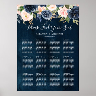 Poster Navy Blue Blue Blush Pink Botanical Seating Chart