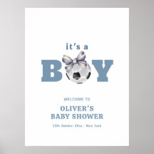 Navy Blue Cute Bow Soccer Boy Baby Shower Welcome