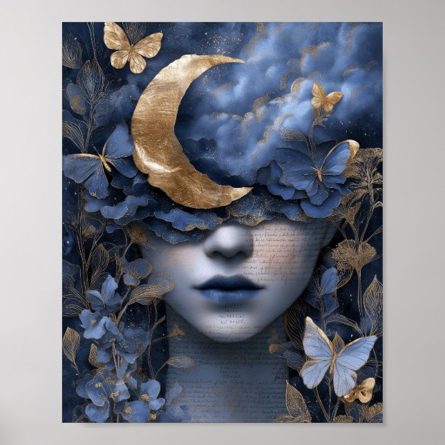 Poster Navy Blue Gold Fantasy Surreal Moon Woman Wall Art (Frente)