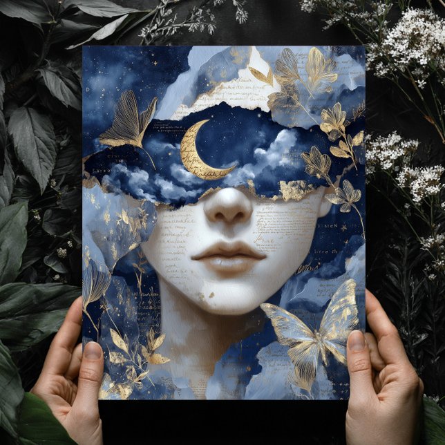 Poster Navy Blue Gold Fantasy Surreal Moon Woman Wall Art (Criador carregado)
