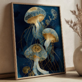 Poster Navy Blue& Gold Jellyfish Kintsugi Ink Art Ocean