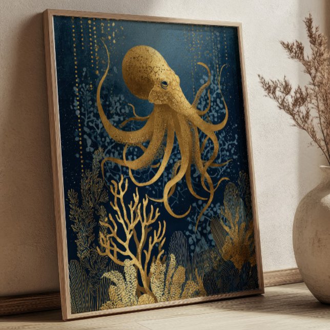 Poster Navy Blue& Gold Kintsugi Octopus Underwater  (Criador carregado)