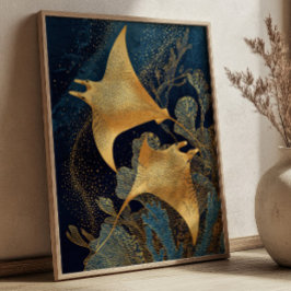Poster Navy Blue& Gold Manta Rays Elegant Kintsugi Art