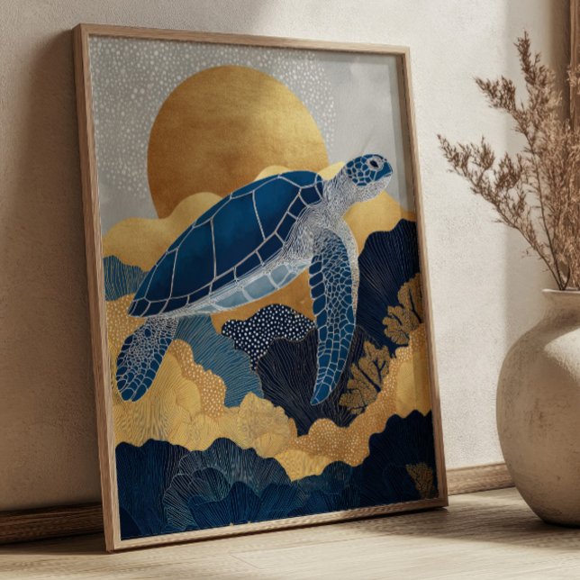 Poster Navy Blue& Gold Sea Turtle Kintsugi Underwater (Criador carregado)