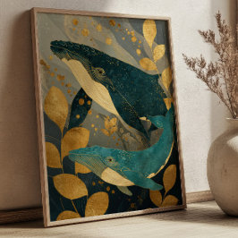 Poster Navy Blue& Gold Whale Illustration Kintsugi Ocean