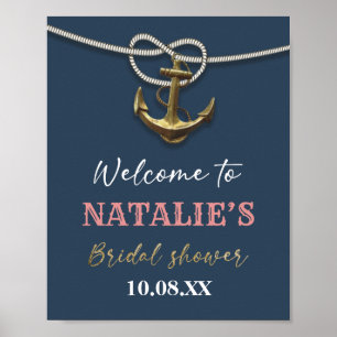 Poster Navy Blue Nautical Gold Anchor Rope Bridal Shower