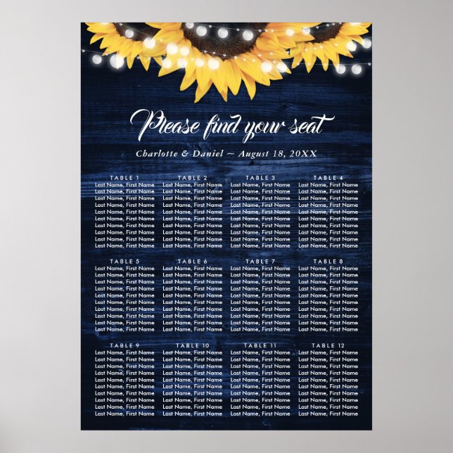 Poster Navy Blue Sunflower Rustic Wood Seating Chart 12 (Frente)