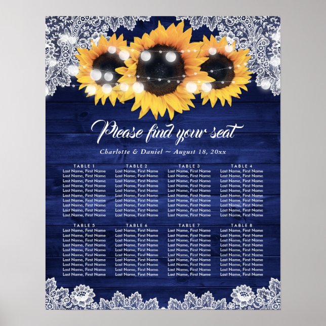 Poster Navy Blue Wood Lace Sunflower Seating Chart (Frente)