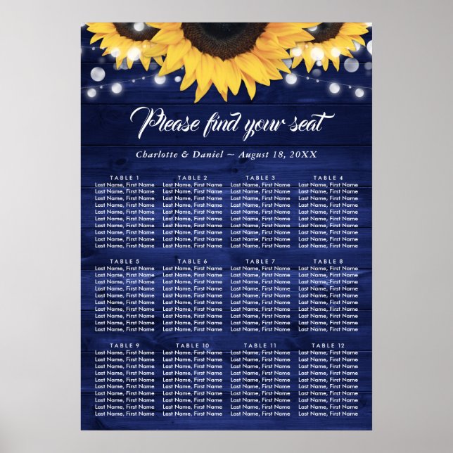 Poster Navy Blue Wood Sunflower Wedding Seating Chart 12 (Frente)