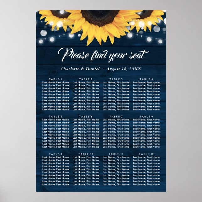 Poster Navy Blue Wood Sunflower Wedding Seating Chart 12 (Frente)