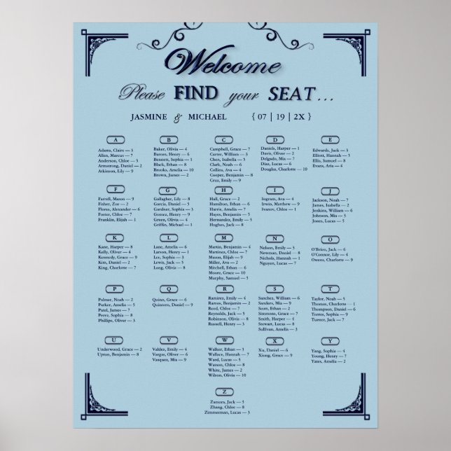 Poster Navy Dusty Blue Alphabetical Wedding Seating Chart (Frente)