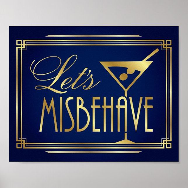 Poster Navy Gold Art Deco LET'S MISBEHAVE Sign Print (Frente)