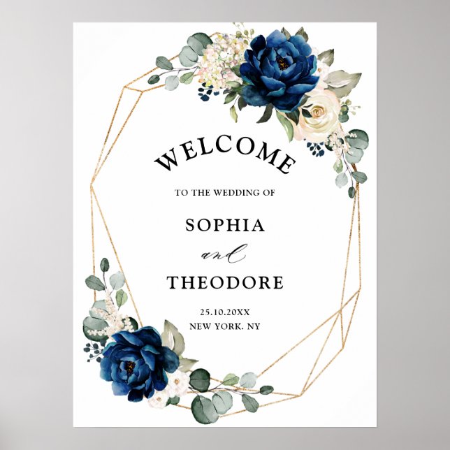 Poster Navy Gold White Champagne Ivory  Wedding Welcome (Frente)