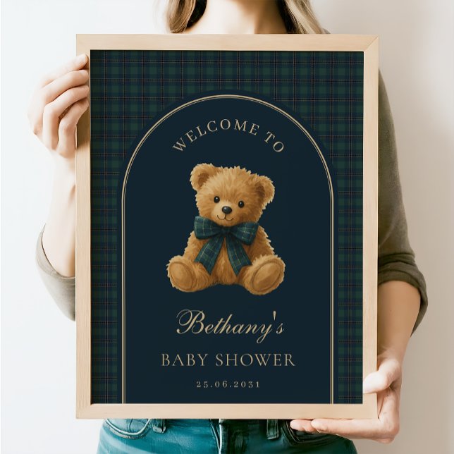 Poster Navy Green Plaid Teddy Bear Baby Shower Welcome (Criador carregado)