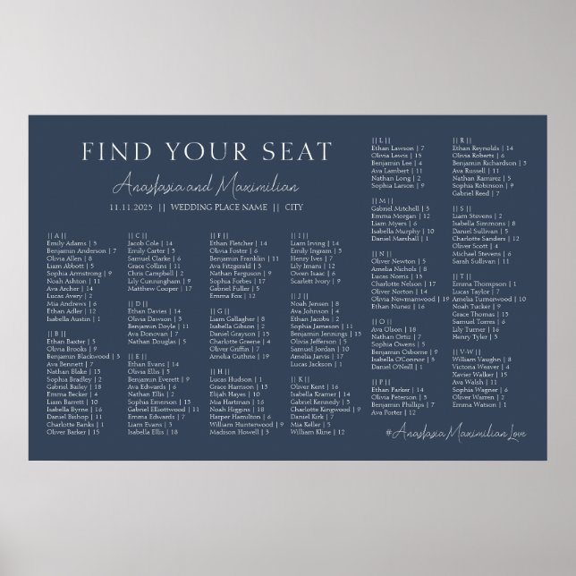Poster Navy Modern Wedding Alphabetical Seating Chart (Frente)