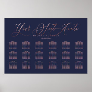 Poster Navy+Rose Gold Modern Calligraphy Seating Chart