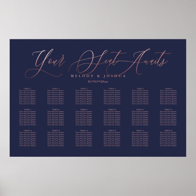 Poster Navy+Rose Gold Modern Calligraphy Seating Chart (Frente)