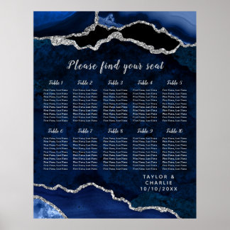 Poster Navy Silver Agate Wedding Seating Chart 10 Table