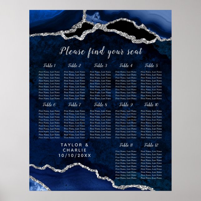 Poster Navy Silver Agate Wedding Seating Chart 12 Table (Frente)