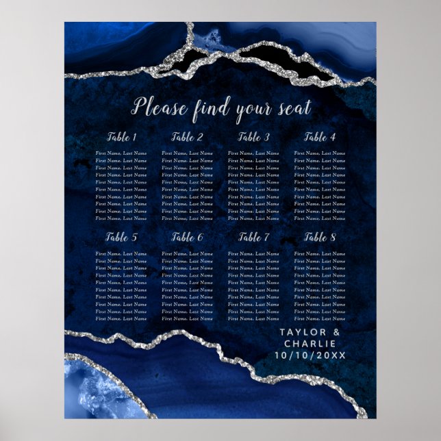 Poster Navy Silver Agate Wedding Seating Chart 8 Table (Frente)