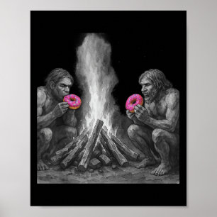 Poster Neandertais Comem Rosquinhas Engraçadas Pelo Fogo