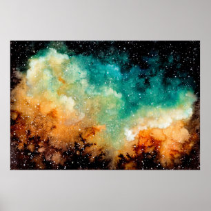 Poster Nebulosa Amarela Brilhante, Estrelas e Escuro