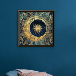Poster Nebulosa Celestial Dourada Lua Sun Mandala