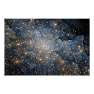 Póster Nebulosa Dourada Brilha Cosmos Azul Meia-Noite