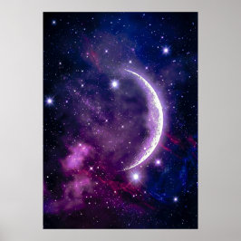 Poster Nebulosa Mística da Lua Crescente Cósmica Roxa