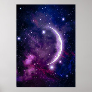 Poster Nebulosa Mística da Lua Crescente Cósmica Roxa