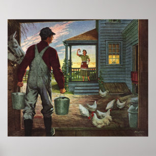 Poster Negócio do vintage, fazenda com fazendeiro e