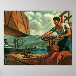 Póster Negócios Vintage, Navio Petroleiro com Trabalhador