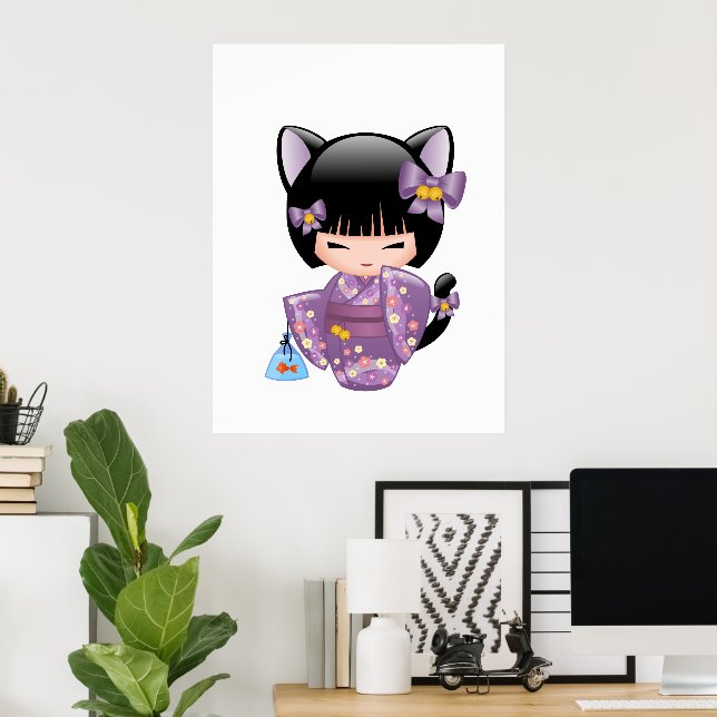 Poster Neko Kokeshi Doll - Cat Ears Geisha Girl (Escritório em casa)