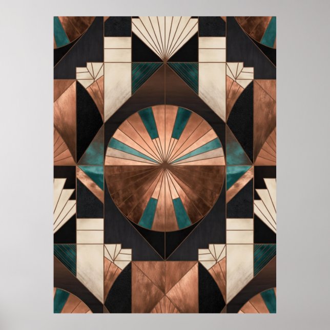 Poster  Neo Art Deco Geometric Teal Copper Gold Sunburst (Frente)