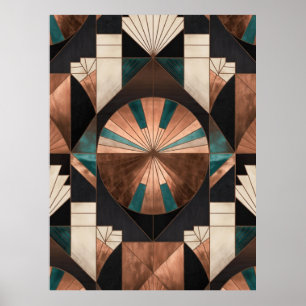 Poster Neo Art Déco Geométrico Teal Cobre Dourado Sol Exp