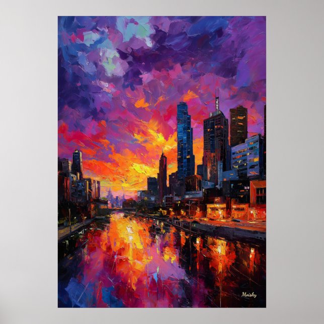 Poster Neo Expressionist Melbourne Skyline Vibrant Sunset (Frente)